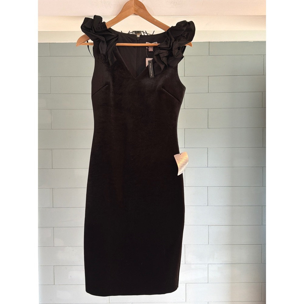Chelsea 28 Black Velvet Ruffle Shoulder V-Neck Sheath Dress NWT Size 4